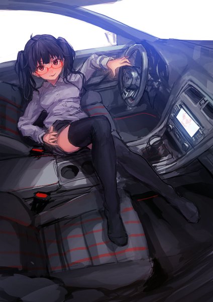 Anime picture 850x1202 with original volkswagen lm7 (op-center) single long hair tall image looking at viewer black hair smile red eyes twintails legs girl thighhighs skirt black thighhighs glasses ground vehicle car