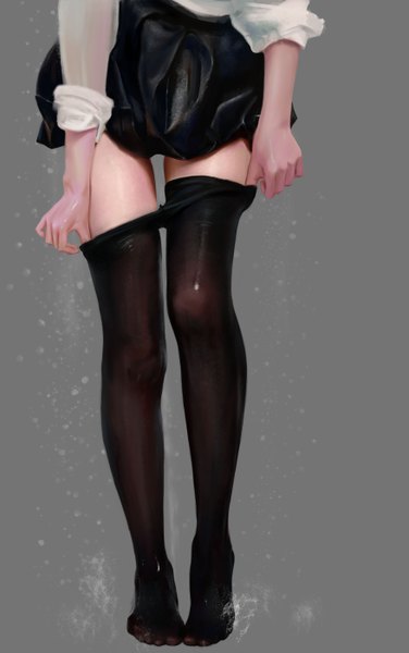 Anime picture 3508x5584 with original qizhu single tall image highres light erotic simple background standing holding absurdres realistic grey background no shoes legs gradient background undressing wet clothes head out of frame twisty sleeves pantyhose pull