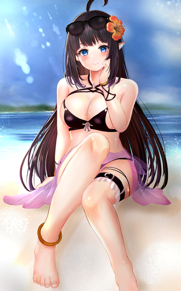 Anime picture 1718x2764 with king's raid mirianne (king's raid) efuri (riarea00) single long hair tall image looking at viewer blush fringe highres breasts blue eyes light erotic black hair smile large breasts bare shoulders payot sky cleavage