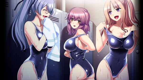 Anime picture 1280x720 with gakuen de jikan yo tomare tagme (character) tagme (artist) long hair looking at viewer short hair breasts open mouth light erotic blonde hair brown hair wide image large breasts purple eyes twintails bare shoulders multiple girls brown eyes blue hair game cg