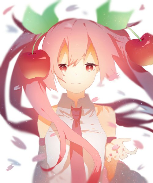 Anime picture 1000x1200 with vocaloid hatsune miku sakura miku umeko 208 single long hair tall image looking at viewer twintails bare shoulders pink hair upper body nail polish pink eyes wind pink nail polish girl detached sleeves petals necktie