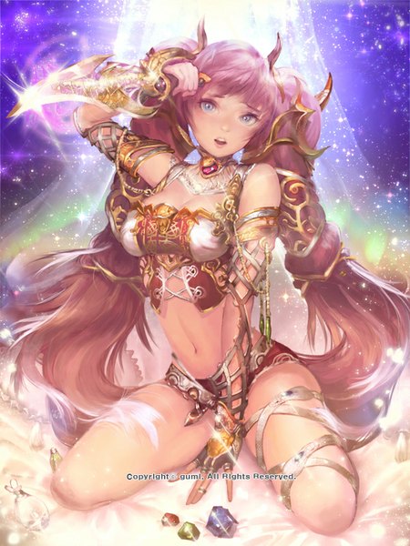 Anime picture 600x800 with instant-ip single long hair tall image breasts open mouth blue eyes light erotic sitting twintails bare shoulders pink hair bent knee (knees) bare belly bare legs sparkle kneeling lacing girl navel