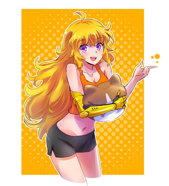 Anime picture 2000x2200 with rwby rooster teeth yang xiao long iesupa single long hair tall image looking at viewer highres open mouth blonde hair simple background smile purple eyes ahoge midriff border wavy hair outline girl