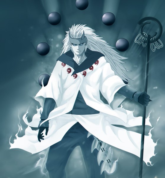 Anime picture 2385x2566 with naruto studio pierrot naruto (series) anvmadara single long hair tall image looking at viewer highres blue eyes simple background standing holding white hair horn (horns) dark background rinnegan god boy gloves