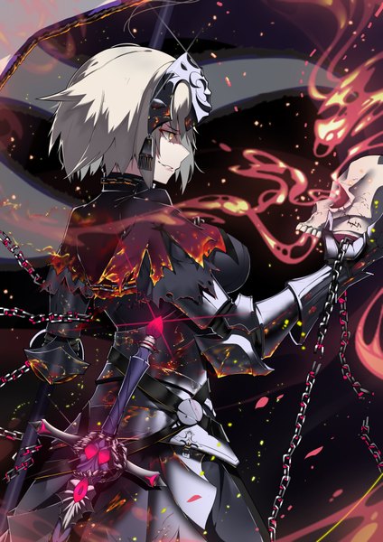 Anime picture 2480x3508 with fate (series) fate/grand order jeanne d'arc (fate) (all) jeanne d'arc alter (fate) lucky (1045044604) single tall image fringe highres short hair breasts simple background hair between eyes standing holding yellow eyes payot looking away parted lips profile