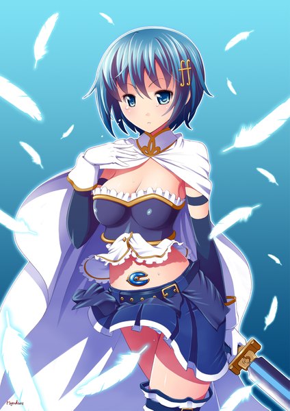 Anime picture 1535x2171 with mahou shoujo madoka magica shaft (studio) miki sayaka number10 (hagakure) single tall image short hair blue eyes blue hair midriff girl skirt gloves weapon miniskirt sword elbow gloves feather (feathers)