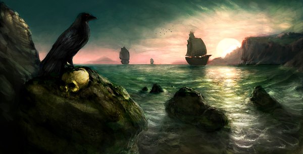 Anime picture 2362x1206 with original rafa insane highres wide image landscape rock animal water sea bird (birds) skull watercraft crow ship