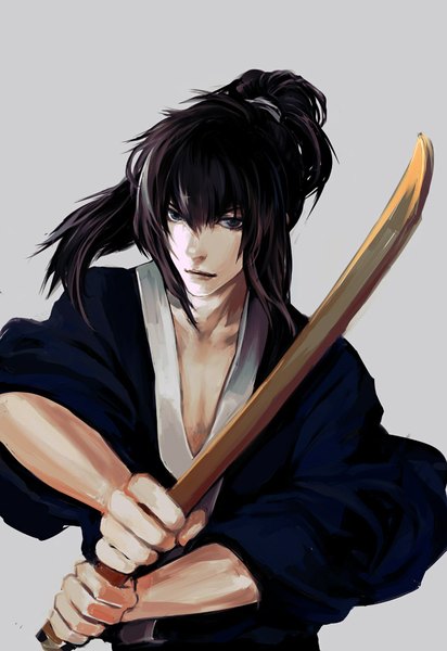 Anime picture 688x1000 with gintama sunrise (studio) hijikata toshiro lazy c single long hair tall image looking at viewer fringe black hair simple background ponytail traditional clothes grey background grey eyes fighting stance boy weapon bokken