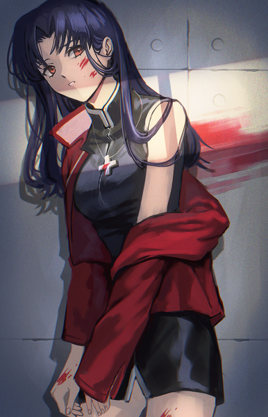 Anime-Bild 1864x2900 mit neon genesis evangelion gainax katsuragi misato acchom zatta single long hair tall image looking at viewer highres red eyes blue hair off shoulder shaded face blood on face against wall girl pendant blood cross wall