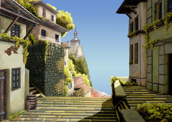 Аниме картинка 2560x1810 с spicy world (game) looker (artist) высокое разрешение город городской пейзаж без людей игра растение (растения) дерево (деревья) здание (здания)