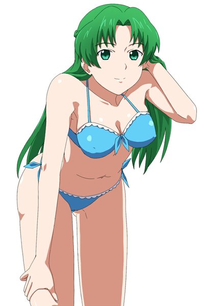 Anime picture 650x975 with hagure yuusha no estetica arms corporation nanase haruka ribonzu (artist) single long hair tall image looking at viewer breasts light erotic smile green eyes green hair leaning erect nipples leaning forward covered nipples girl swimsuit bikini