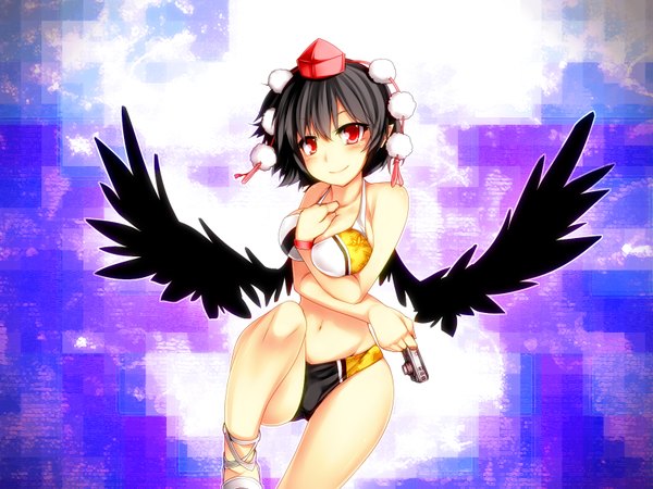 Anime picture 1600x1200 with touhou shameimaru aya kazetto (kazetsuto) single blush short hair light erotic black hair smile red eyes girl navel swimsuit bikini wings camera