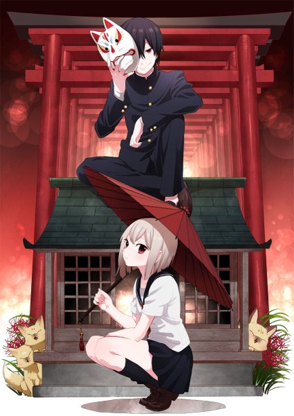 Anime picture 849x1200 with original musco tall image looking at viewer blush fringe short hair blonde hair smile red eyes sitting holding pleated skirt arm support shadow couple squat dark hair girl boy