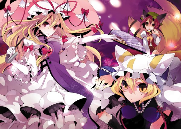 Anime picture 1325x946 with touhou yakumo yukari yakumo ran chen musou yuchi long hair looking at viewer short hair blonde hair red eyes brown hair multiple girls animal ears yellow eyes fingernails cat ears cat girl cat tail fox tail long fingernails