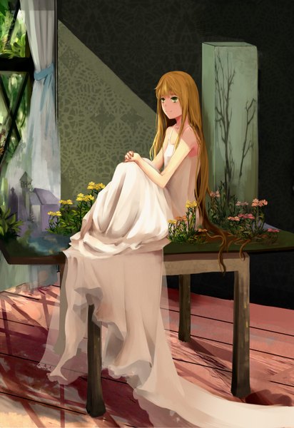 Anime picture 2031x2952 with original msxg single long hair tall image highres blonde hair smile sitting green eyes indoors floor girl dress flower (flowers) window white dress curtains table