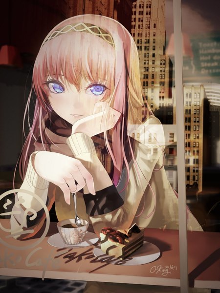 Anime picture 1440x1920 with vocaloid megurine luka okingjo single long hair tall image fringe hair between eyes purple eyes holding signed looking away pink hair long sleeves parted lips arm support city dated reflection hand on face