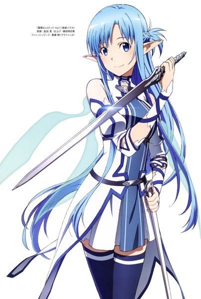 Anime picture 1942x2888 with sword art online a-1 pictures yuuki asuna asuna (sao-alo) takata akira single long hair tall image looking at viewer highres blue eyes simple background white background blue hair pointy ears scan official art girl thighhighs dress