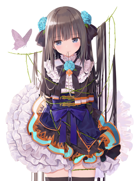 Anime picture 3000x4000 with arcaea tairitsu (arcaea) samayoi single long hair tall image blush fringe highres blue eyes black hair simple background standing white background looking away blunt bangs hair flower hands behind back hair in mouth girl