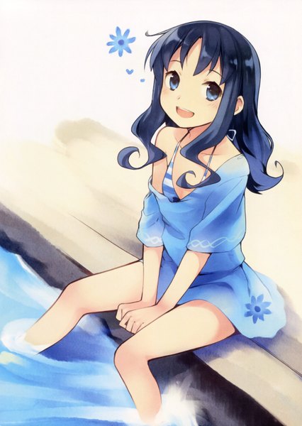 Anime picture 2135x3004 with precure heartcatch precure! toei animation girls log vol.5 - kyuri illustration works 2014 summer vacation kurumi erika kyuri single long hair tall image blush highres open mouth blue eyes sitting blue hair looking away outdoors looking up soaking feet girl