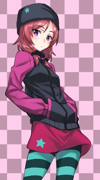 Anime picture 558x1000 with love live! school idol project sunrise (studio) love live! nishikino maki matsuryuu single long hair tall image looking at viewer purple eyes red hair hands in pockets checkered checkered background girl skirt hat miniskirt pantyhose jacket