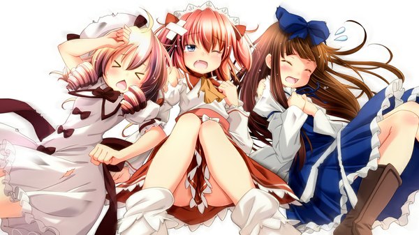 Anime picture 1000x563 with touhou star sapphire luna child sunny milk sui. (ayase) long hair blush short hair blue eyes blonde hair brown hair wide image white background multiple girls pink hair eyes closed one eye closed wink loli drill hair