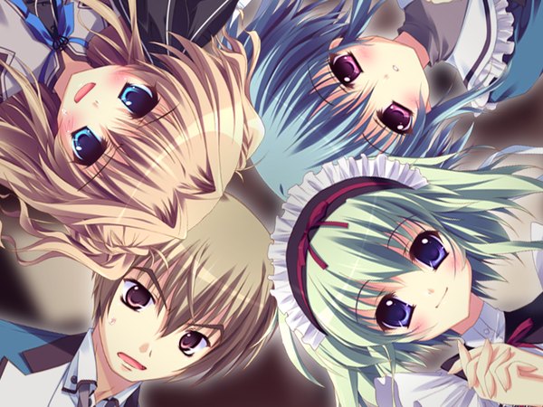 Anime picture 800x600 with mashiroiro symphony sena airi uryuu sakuno angelina nanatsu sewell izumi tsubasu long hair looking at viewer blush fringe short hair open mouth blue eyes smile hair between eyes brown hair purple eyes multiple girls blue hair game cg pink eyes