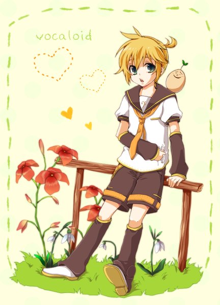 Anime-Bild 1080x1500 mit vocaloid kagamine len mukkun tall image short hair open mouth simple background blonde hair green eyes full body copyright name boy flower (flowers) plant (plants) detached sleeves shorts grass sailor suit
