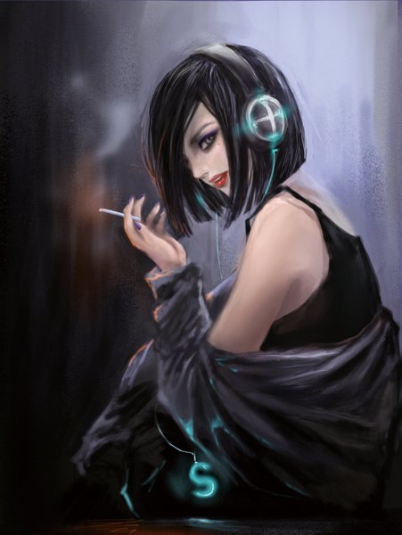 Anime picture 1511x2011 with original rikamello tall image looking at viewer black hair bare shoulders yellow eyes nail polish lips realistic lipstick smoke smoking makeup girl headphones