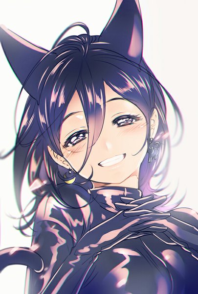 Anime picture 561x830 with original kaze-hime single tall image looking at viewer blush fringe open mouth simple background smile white background purple eyes animal ears purple hair ahoge tail head tilt :d animal tail cat ears