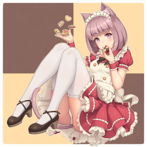 Anime-Bild 1075x1075 mit original sasaame single looking at viewer blush fringe short hair open mouth light erotic purple eyes animal ears purple hair full body bent knee (knees) tail animal tail cat ears short sleeves maid cat girl