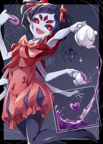 Anime picture 2500x3500 with undertale muffet canned rose single tall image highres short hair open mouth black hair red eyes :d two side up monster girl pouring tea set girl bow hair bow food heart