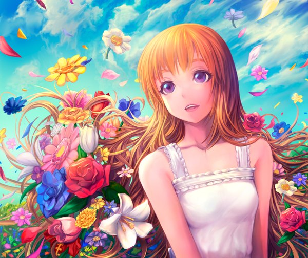 Anime picture 1785x1500 with original reveur rev-chan chiro single long hair fringe highres breasts open mouth smile purple eyes bare shoulders looking away sky cloud (clouds) wind teeth eyebrows girl