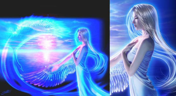 Anime picture 1280x697 with original takashi mare long hair wide image bare shoulders sky silver hair eyes closed sleeveless horizon multiview angel girl dress wings sea