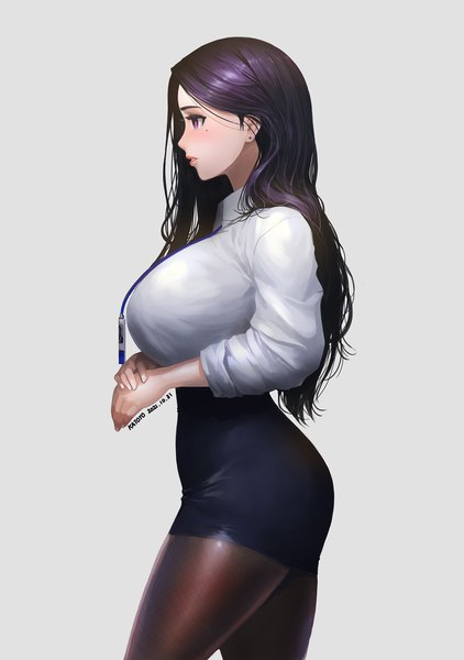 Anime picture 1549x2200 with original katoyo85 single long hair tall image breasts light erotic simple background standing white background signed purple hair long sleeves parted lips profile pink eyes mole mole under eye thighs huge breasts
