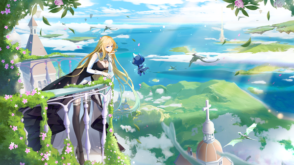 Anime picture 1920x1080 with original zuo600 single long hair fringe highres breasts blue eyes blonde hair smile wide image large breasts standing looking away sky cleavage cloud (clouds) full body outdoors long sleeves