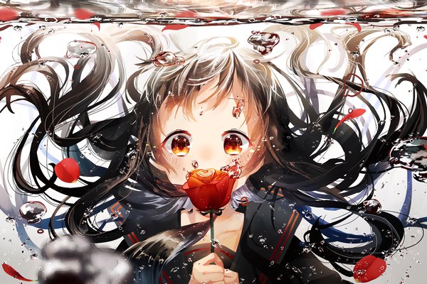 Anime-Bild 1920x1280 mit original yuzua single long hair looking at viewer blush highres black hair brown eyes upper body depth of field floating hair underwater covered mouth girl uniform flower (flowers) petals water serafuku