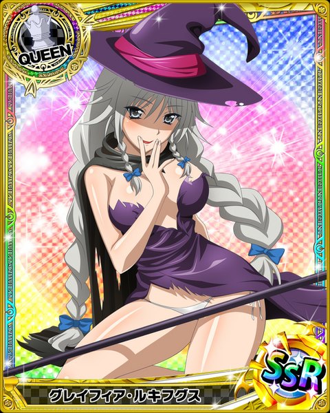 Anime picture 640x800 with highschool dxd grayfia lucifuge single long hair tall image looking at viewer blush light erotic braid (braids) grey hair grey eyes pantyshot torn clothes card (medium) witch girl dress underwear panties bow