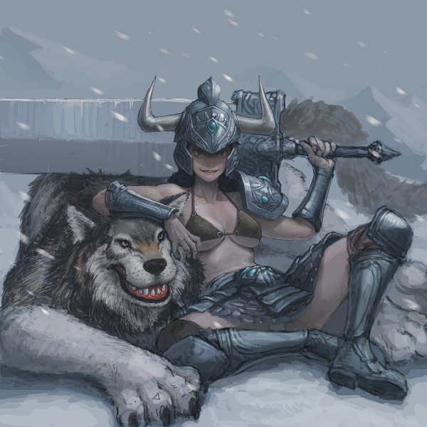Anime picture 1200x1200 with league of legends tryndamere (league of legends) long hair looking at viewer breasts open mouth light erotic black hair smile brown eyes yellow eyes horn (horns) light smile wind teeth snowing winter snow mountain sharp teeth