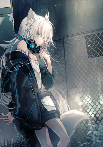 Anime picture 1268x1800 with original numikko single long hair tall image looking at viewer blush fringe blue eyes hair between eyes standing bare shoulders animal ears ahoge outdoors white hair tail animal tail profile off shoulder