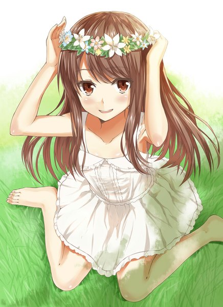Anime picture 800x1100 with original heirou single long hair tall image brown hair sitting brown eyes barefoot wariza hands on head girl dress flower (flowers) plant (plants) white dress grass sundress wreath