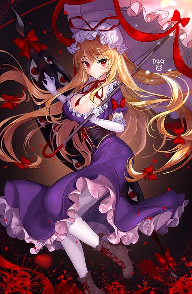 Anime picture 1000x1533 with touhou yakumo yukari ttaji (pass35) single long hair tall image looking at viewer blush fringe breasts blonde hair smile hair between eyes red eyes large breasts holding signed cleavage shaded face frilled dress