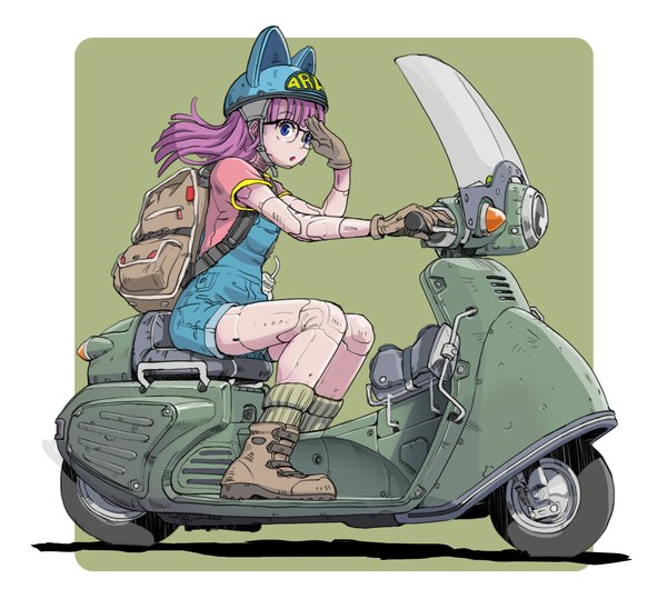 Anime picture 1277x1166 with dr. slump toei animation norimaki arale sukabu single long hair looking at viewer fringe open mouth blue eyes simple background pink hair wind riding robot joints girl gloves hat glasses shoes