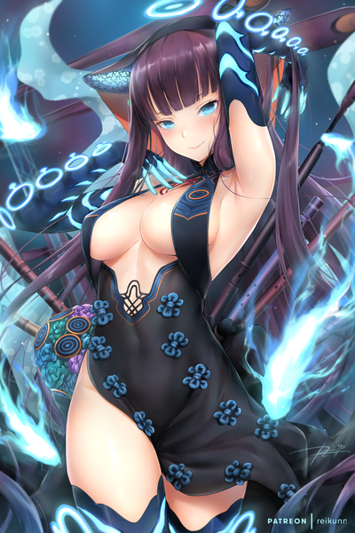 Anime picture 667x1000 with fate (series) fate/grand order yang guifei (fate) rei kun single long hair tall image looking at viewer blush fringe breasts blue eyes light erotic smile large breasts standing signed purple hair blunt bangs traditional clothes
