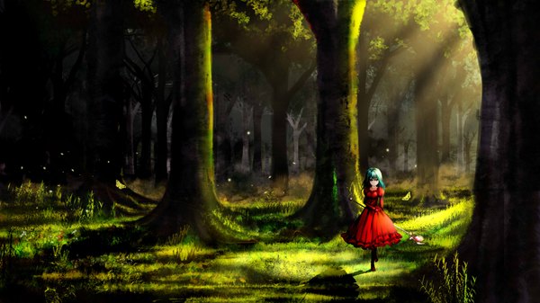 Anime picture 1920x1080 with original henet hene long hair highres wide image sunlight shadow wallpaper girl dress flower (flowers) plant (plants) tree (trees) insect butterfly staff red dress forest