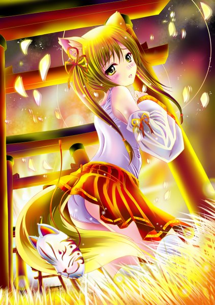 Anime picture 2039x2894 with original aka kitsune long hair tall image highres light erotic blonde hair twintails green eyes fox ears fox tail fox girl girl underwear panties detached sleeves petals mask
