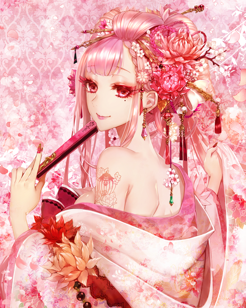 Anime picture 2300x2882 with original ut (apt) single long hair tall image looking at viewer fringe highres breasts light erotic bare shoulders holding payot pink hair upper body braid (braids) nail polish traditional clothes japanese clothes pink eyes