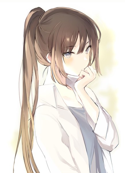 Anime picture 692x954 with original lpip single long hair tall image looking at viewer blush fringe blue eyes simple background hair between eyes brown hair standing white background payot upper body ponytail open shirt hand to mouth girl