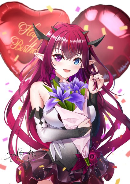 Anime picture 1063x1500 with virtual youtuber hololive hololive english irys (hololive) skyrail (skynetrailgun) single long hair tall image looking at viewer fringe open mouth hair between eyes signed upper body red hair nail polish :d horn (horns) pointy ears heterochromia