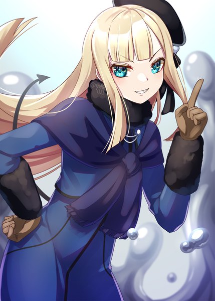 Anime picture 800x1120 with fate (series) lord el-melloi ii case files reines el-melloi archisorte ryofuhiko single long hair tall image looking at viewer fringe blonde hair smile tail blunt bangs aqua eyes fur trim hand on hip grin girl gloves fur