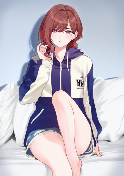 Anime picture 2480x3508 with idolmaster idolmaster shiny colors higuchi madoka nonbire single tall image looking at viewer blush fringe highres short hair hair between eyes red eyes brown hair sitting bent knee (knees) long sleeves parted lips mole arm support